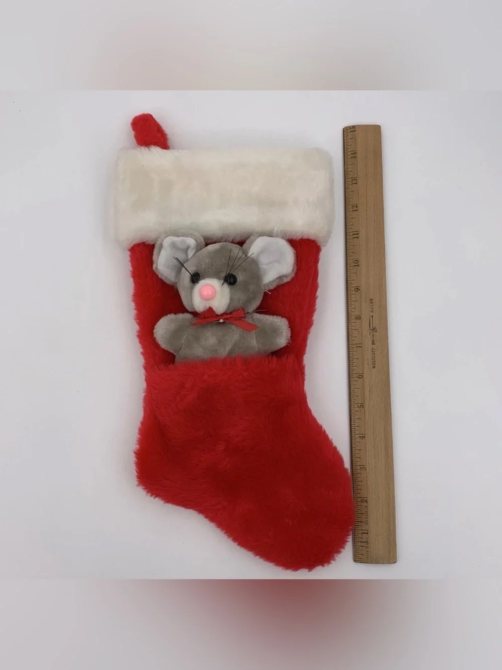 2 Vintage Santa’s Best Christmas Stockings 14” Small Mouse Cat Stuffed Animals.